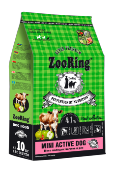 Корм ZooRing Mini Active Dog для взрослых активных собак мини пород (Мясо молодых бычков и рис) без пшеницы